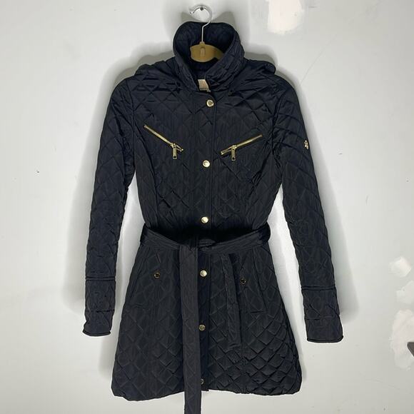 MICHAEL KORS Black Quilted Polyester Belted Hooded Winter Coat Size Small - Picture 1 of 9